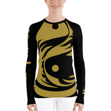 Load image into Gallery viewer, Women&#39;s Black and Gold All Over Print BETA Nogi Rash Guard